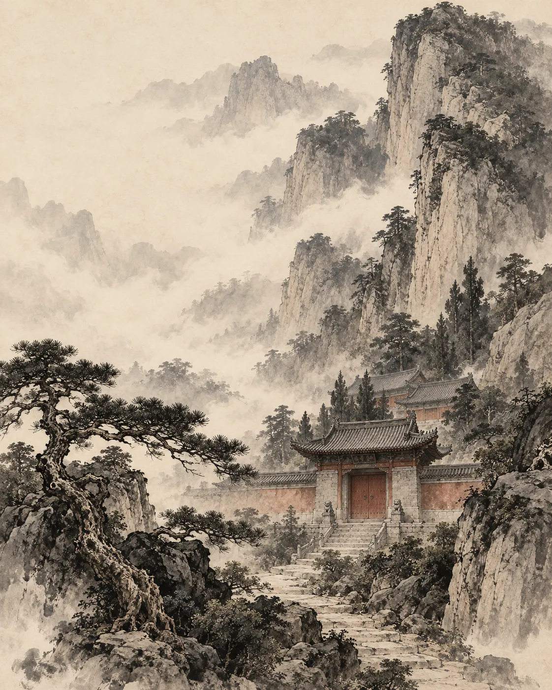 AI-generated ink-wash illustration inspired by the Songshan mountains and Chinese temple architecture